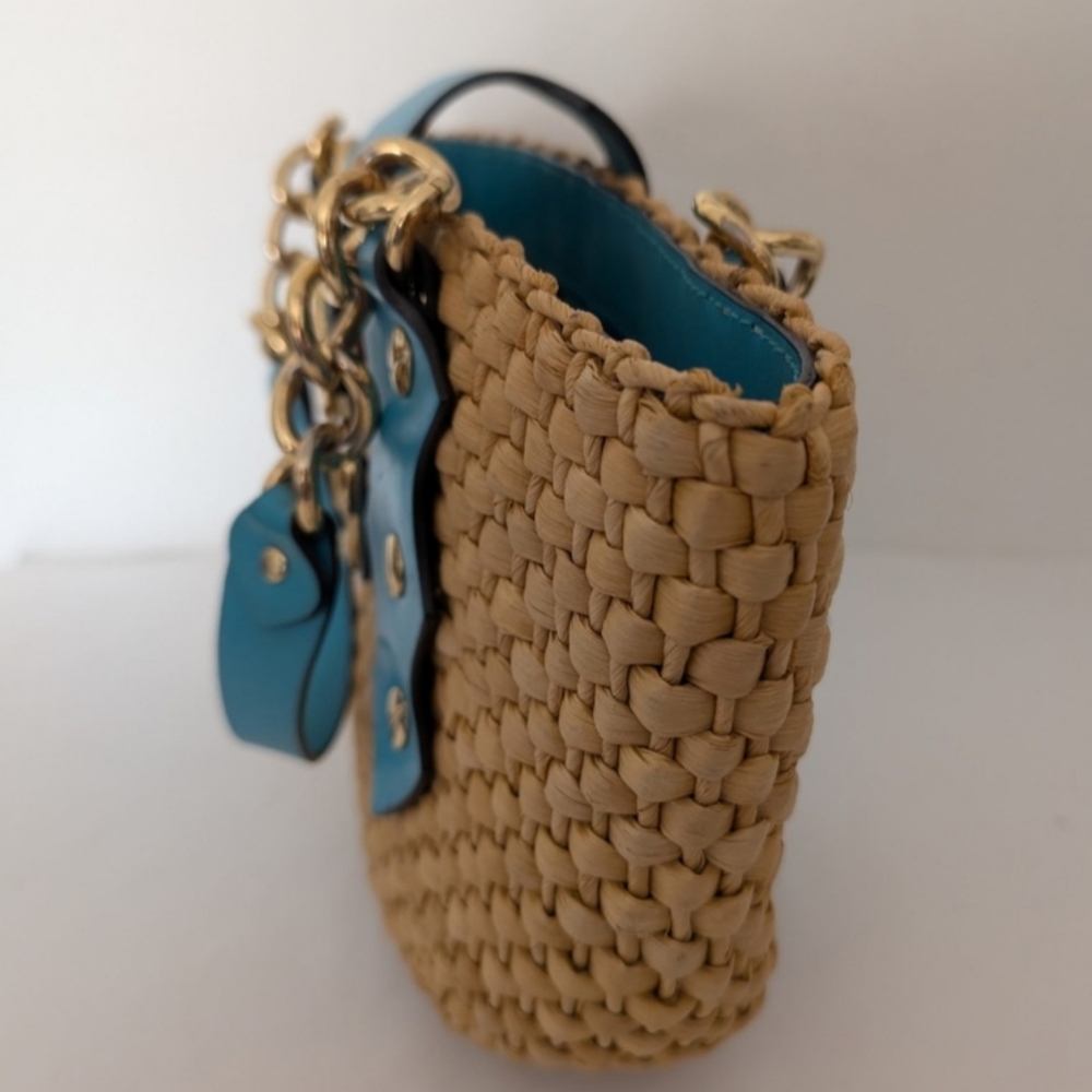 Michael Kors Santorini Straw Handbag Double Teal Leather Gold Chain Straps Rare - Picture 4 of 9